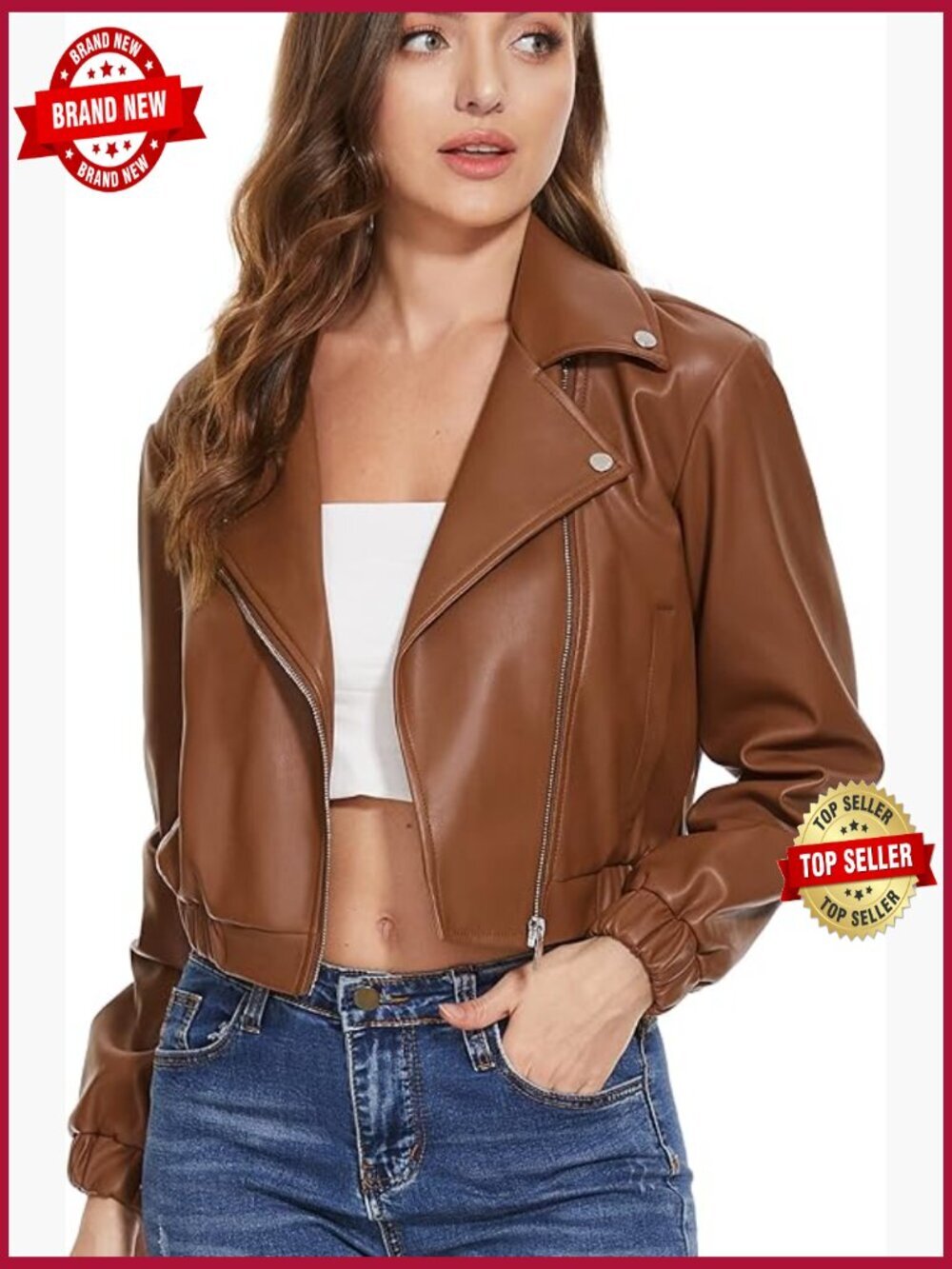 Faux Leather Moto Biker Jacket - Short Cropped Blazer with Asymmetric Zipper
